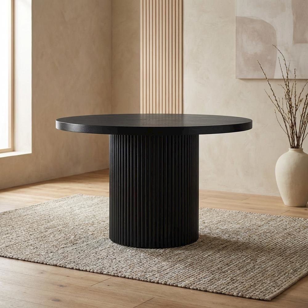 Black Round Oak Veneer Dining Table, Mid-Century Modern, Seats 4. Picture 3