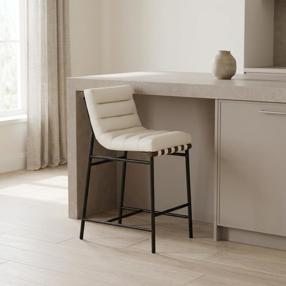 Vegan Leather & Boucle Counter Stool for Bar, Cream Vegan Leather. Picture 3