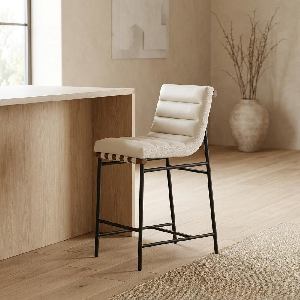 Vegan Leather & Boucle Counter Stool for Bar, Cream Vegan Leather. Picture 2