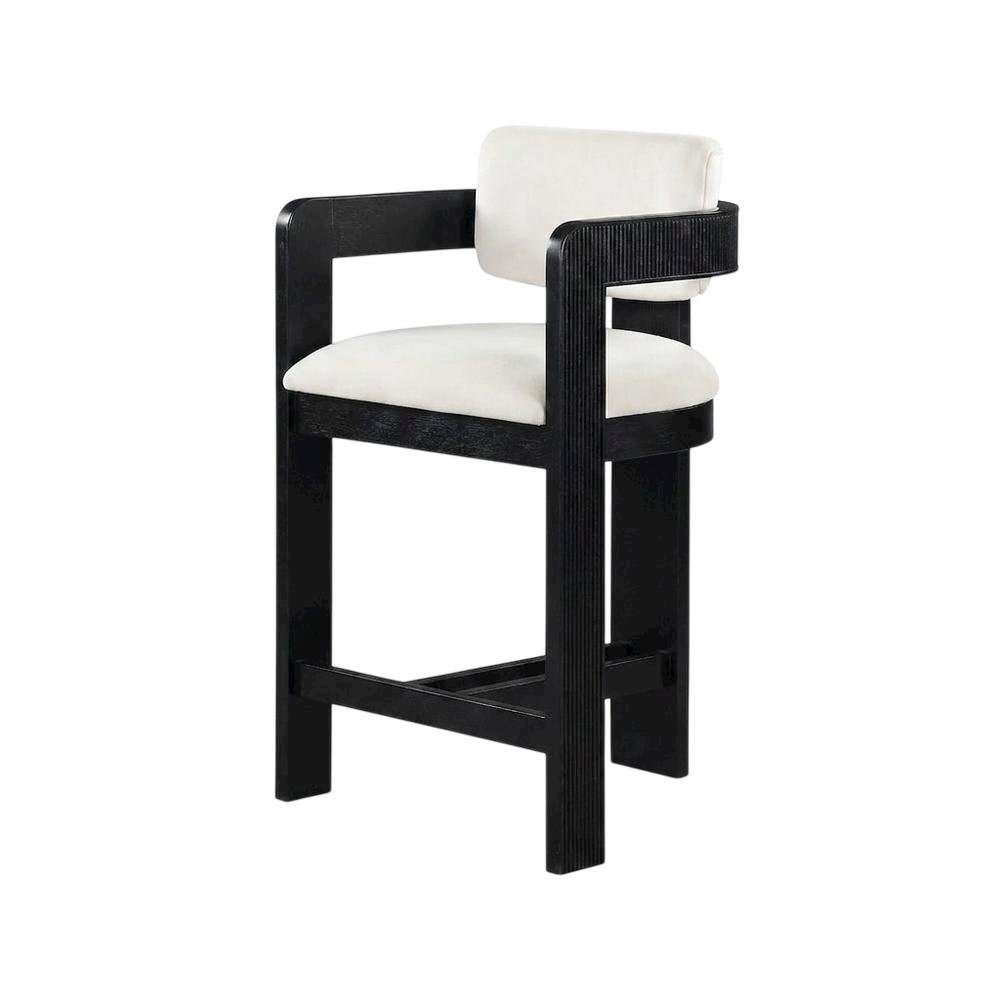 Velvet Art Deco Counter Stool, Low Back, Rubberwood Legs, Cream Velvet. Picture 1