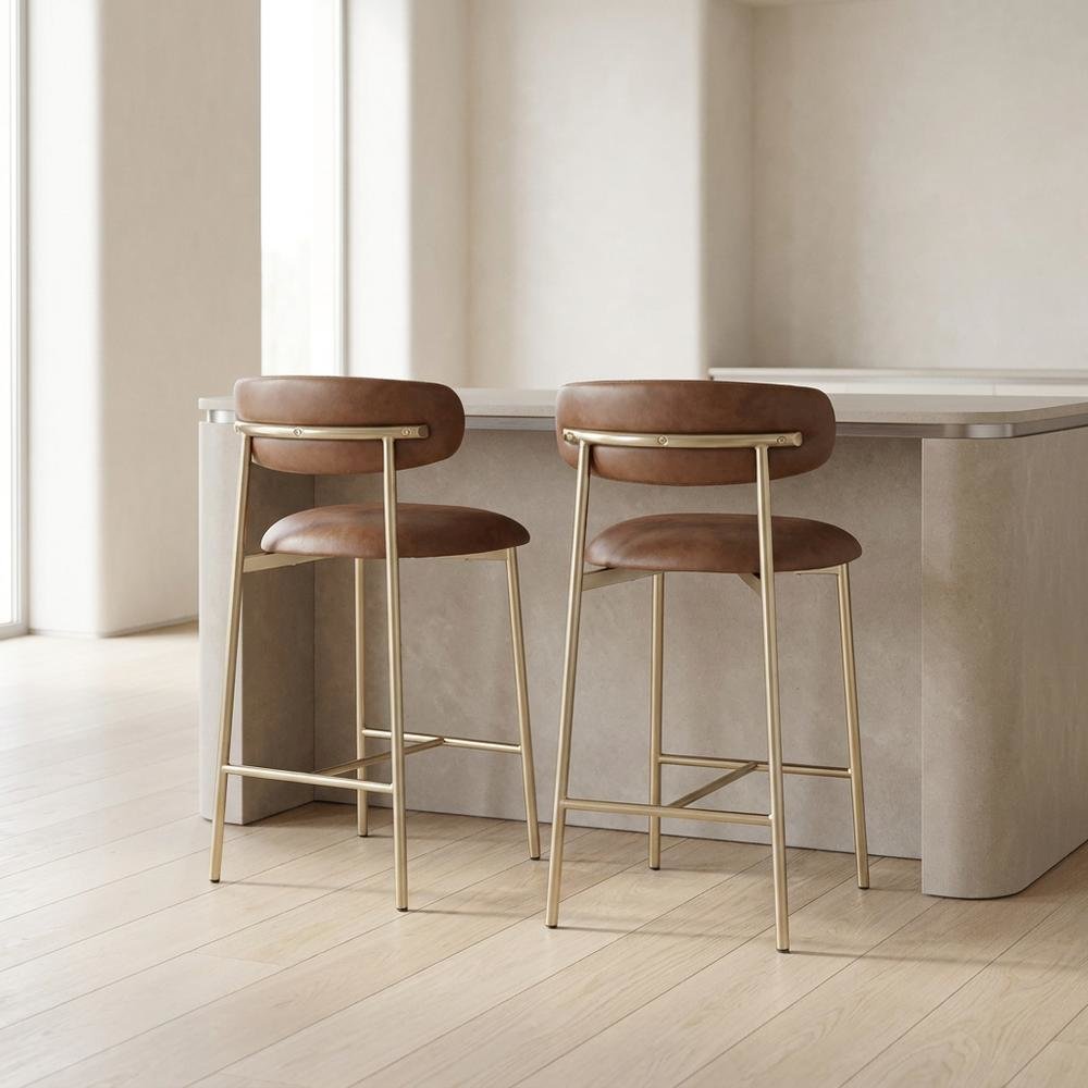 Vegan Leather Counter Stools with Back, Kitchen Island, Brown, Set of 2. Picture 3