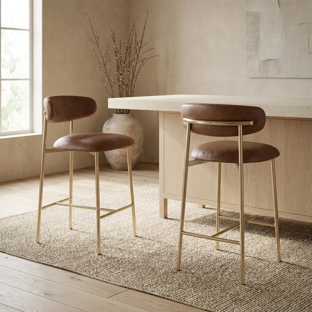 Vegan Leather Counter Stools with Back, Kitchen Island, Brown, Set of 2. Picture 2