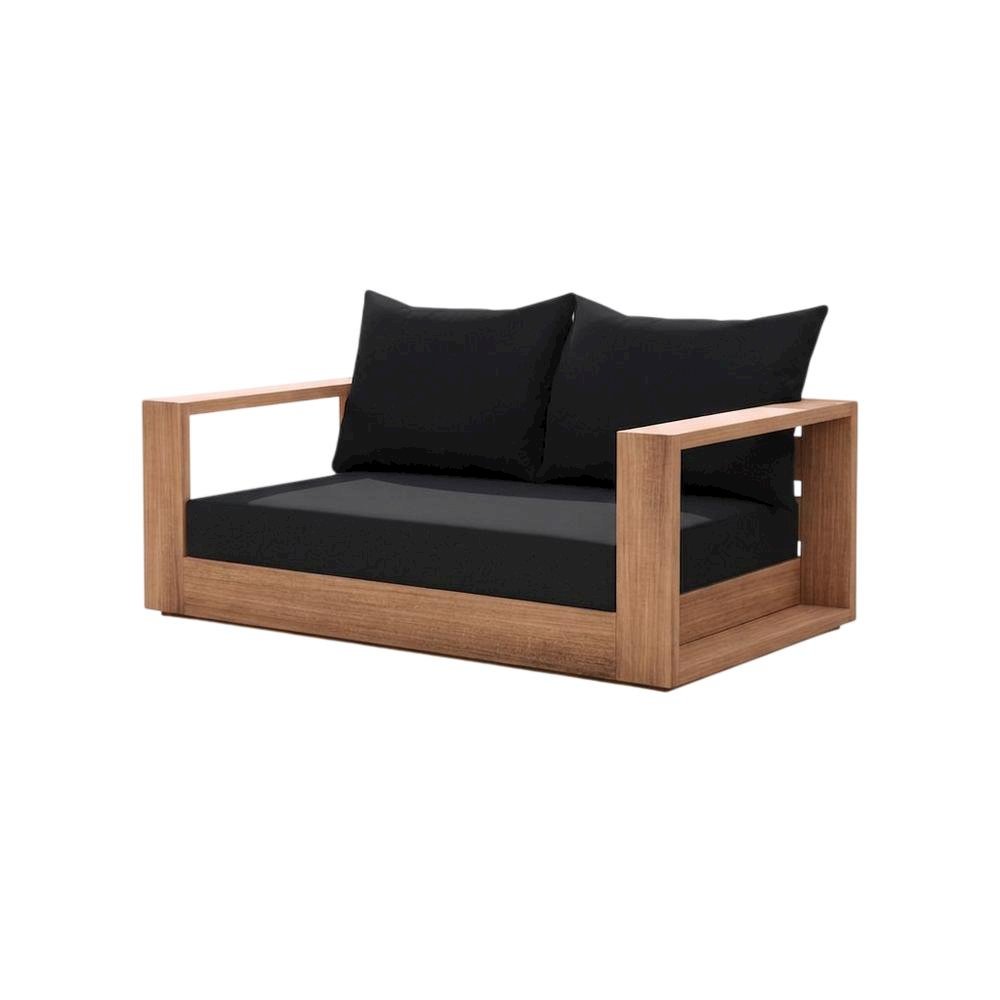 Contemporary Outdoor Loveseat In Black Fabric With Cushion And Light Teak Finish. Picture 1