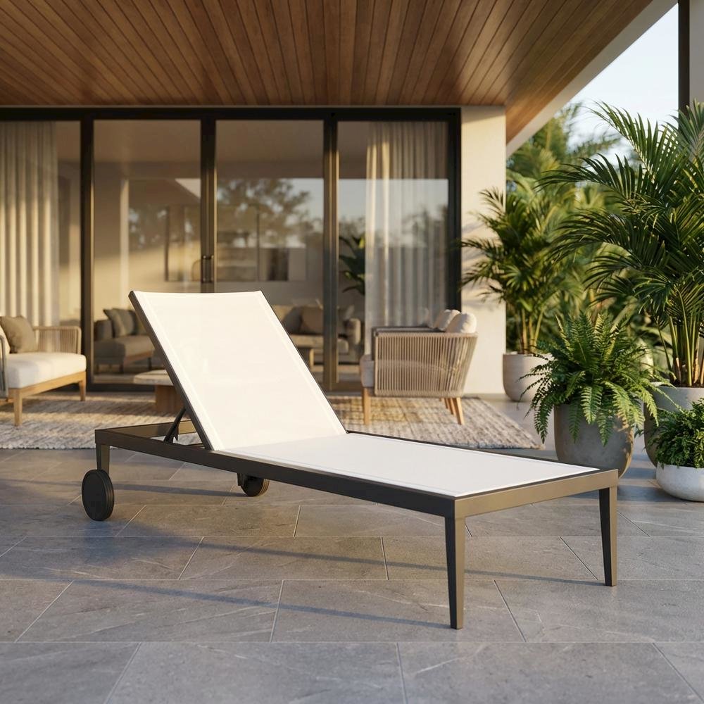 White Mesh Fabric Outdoor Lounge Chaise With Modern Design And Cushioned Seat. Picture 2
