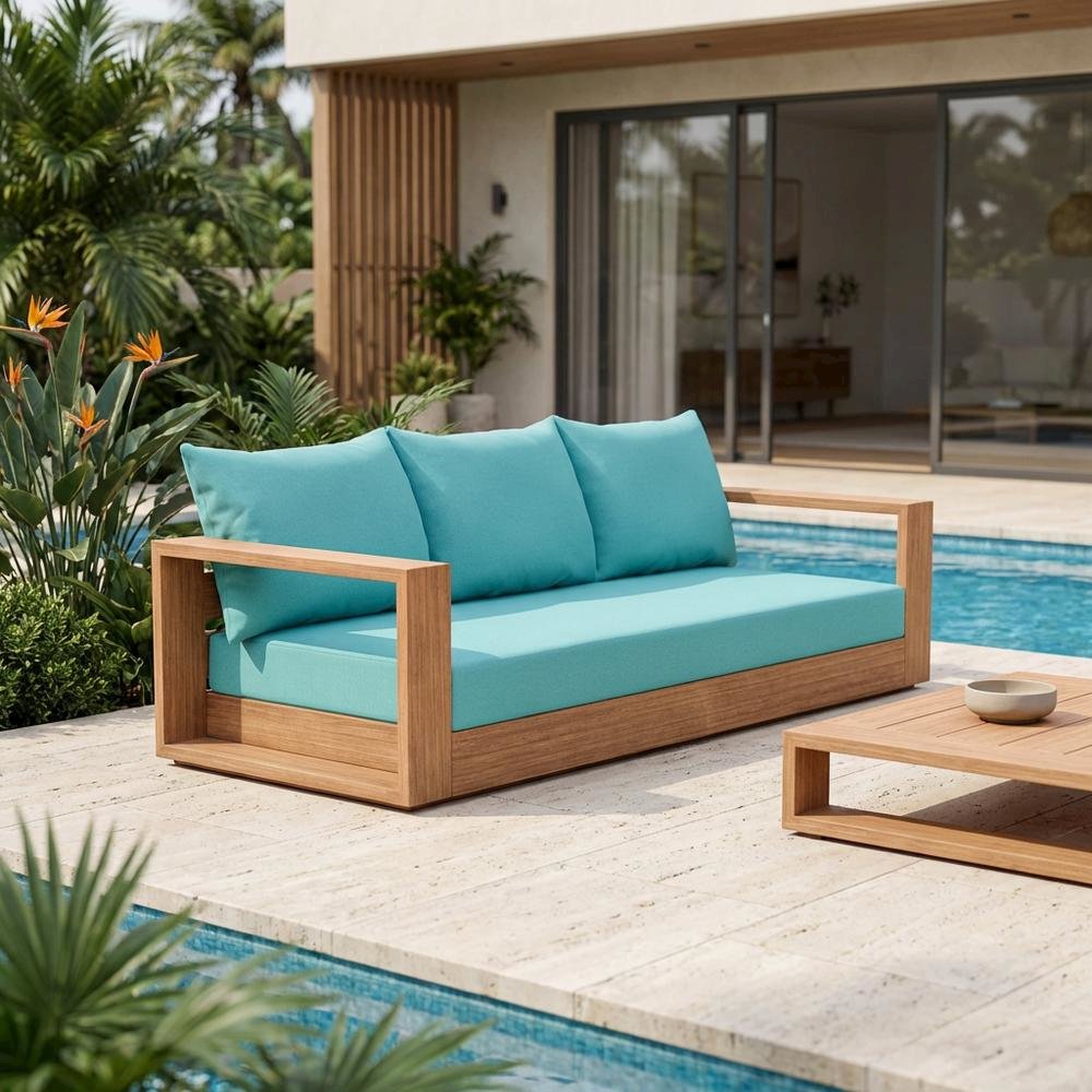 Contemporary Blue Fabric Outdoor Sofa With Cushioned Seat And Pillows. Picture 3