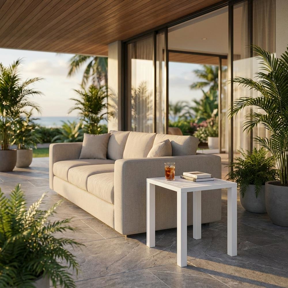 White Outdoor Patio End Table With Contemporary Style. Picture 2