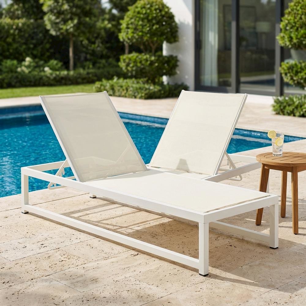 Cream Mesh Fabric Outdoor Sun Chaise Lounge, Adjustable Back, Contemporary Style. Picture 3