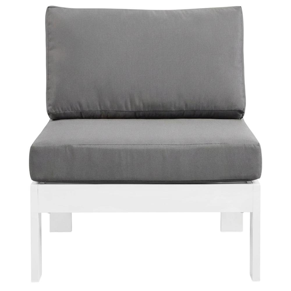Gray Outdoor Patio Armless Aluminum Chair With Cushioned Seat. Picture 4