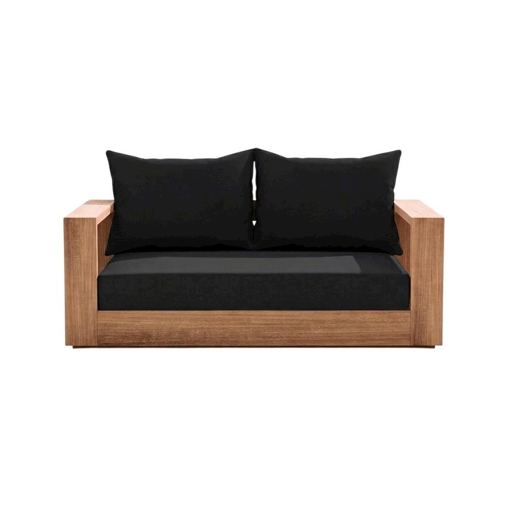 Contemporary Outdoor Loveseat In Black Fabric With Cushion And Light Teak Finish. Picture 4