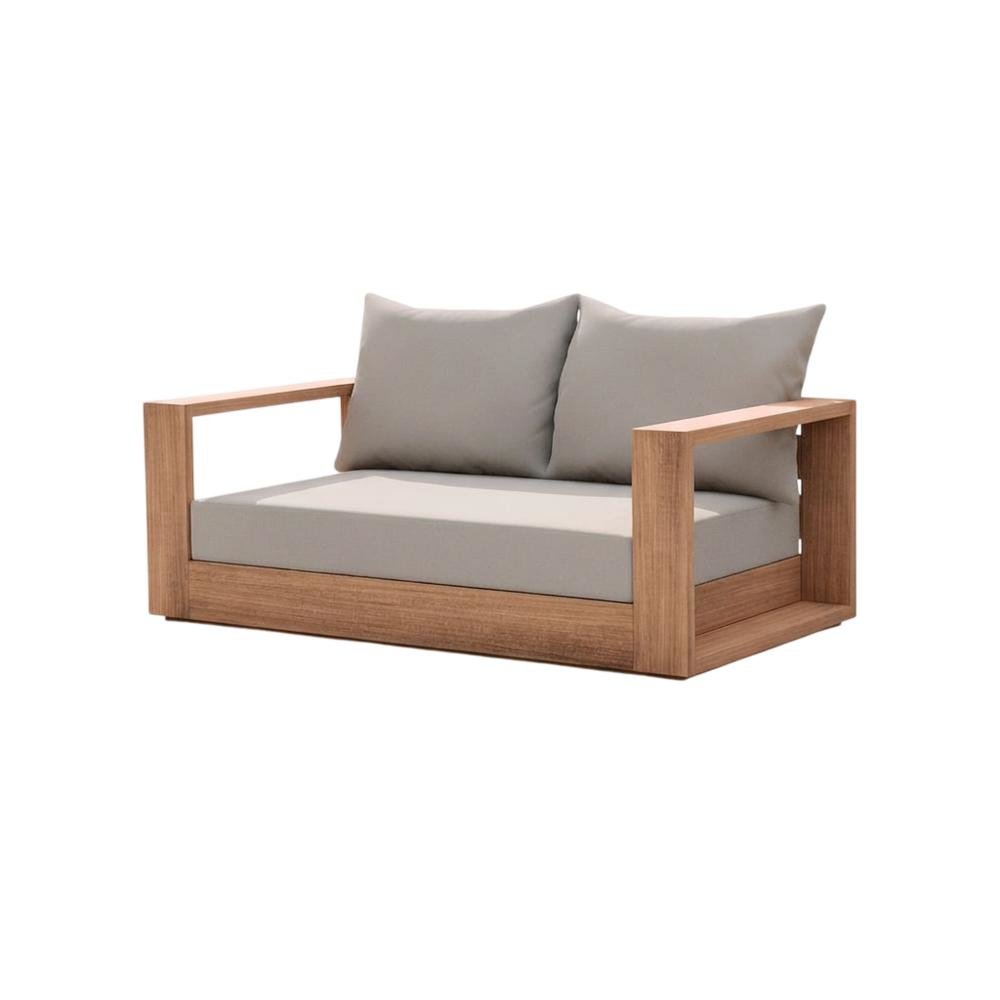 Gray Fabric Outdoor Loveseat With Cushioned Seating And Teak Finish. Picture 1