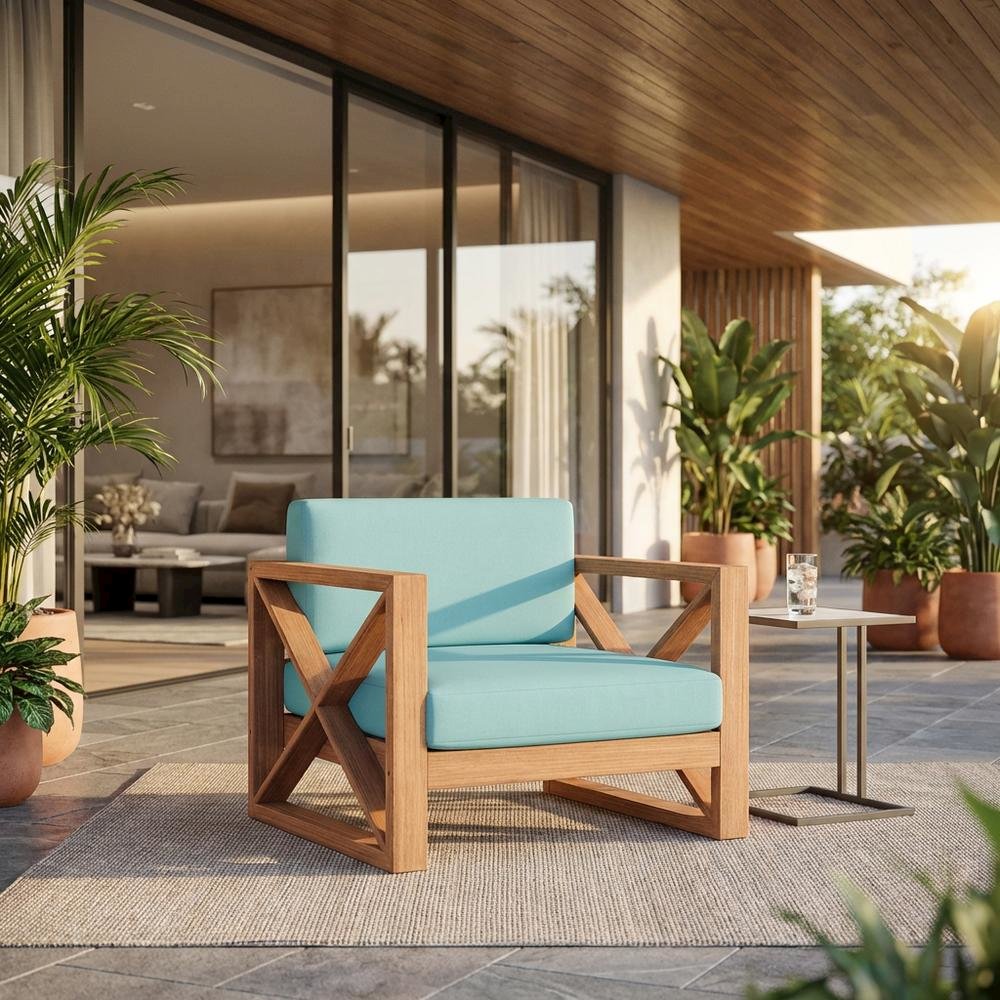Blue Fabric Outdoor Chair With Cushioned Seat And Teak Finish. Picture 2