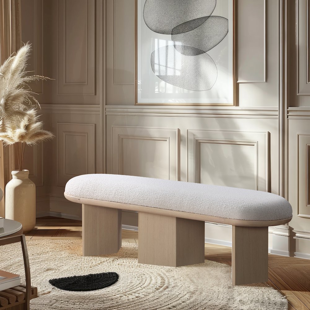 Wilshire Cream Boucle Fabric Bench. Picture 2