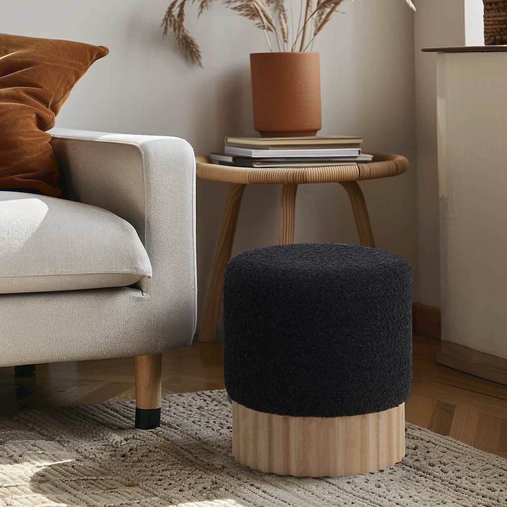 Veranda Black Boucle Fabric Ottoman/Stool. Picture 2