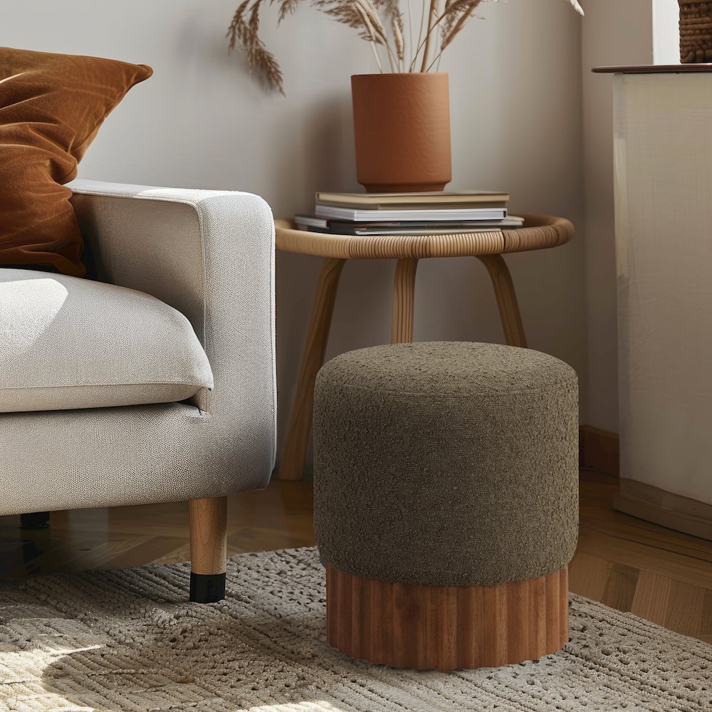 Veranda Olive Boucle Fabric Ottoman/Stool. Picture 2