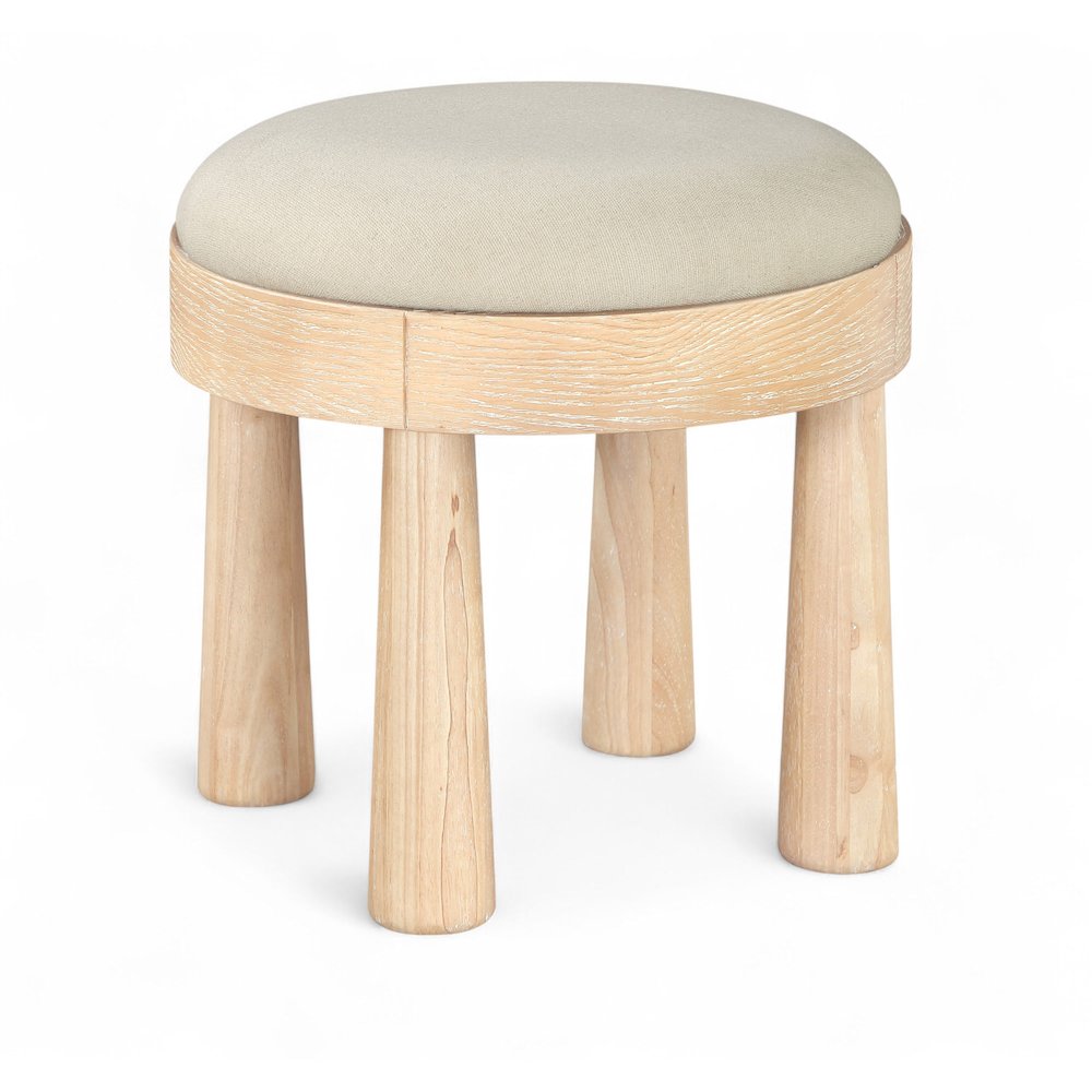 Larea Cream Linen Textured Fabric Upholstered Ottoman. Picture 1