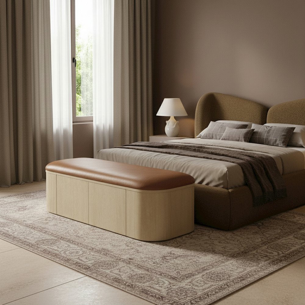 Velden Cognac Vegan Leather Upholstered Storage Bench. Picture 2