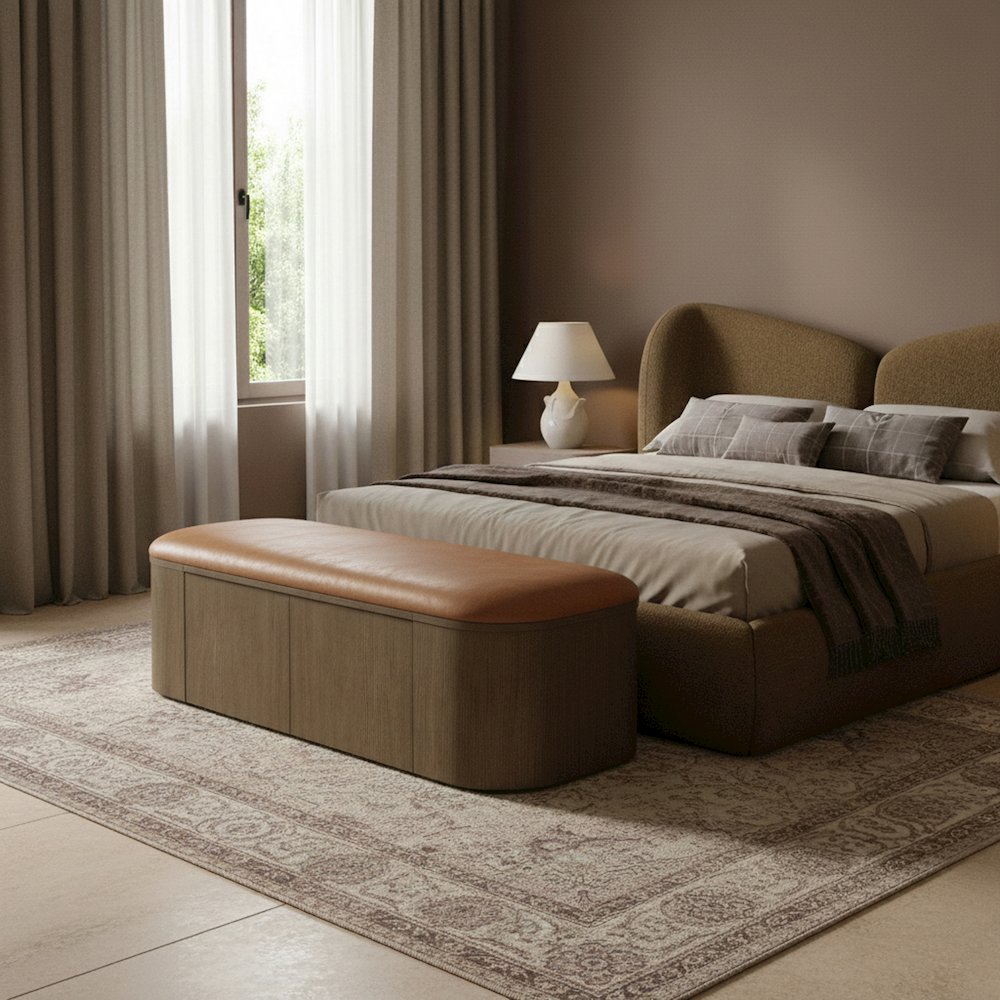 Velden Cognac Vegan Leather Upholstered Storage Bench. Picture 2