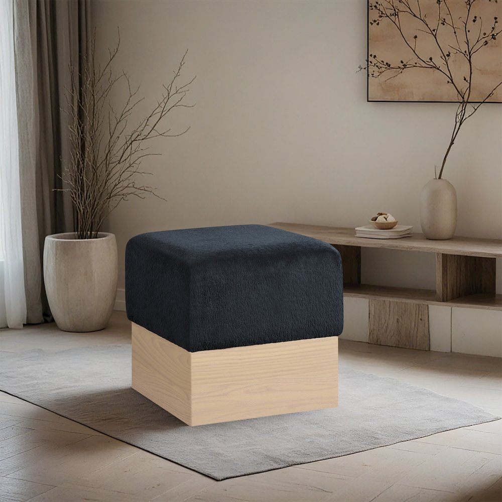 Havre Black Velour Fur Fabric Ottoman/Stool. Picture 2