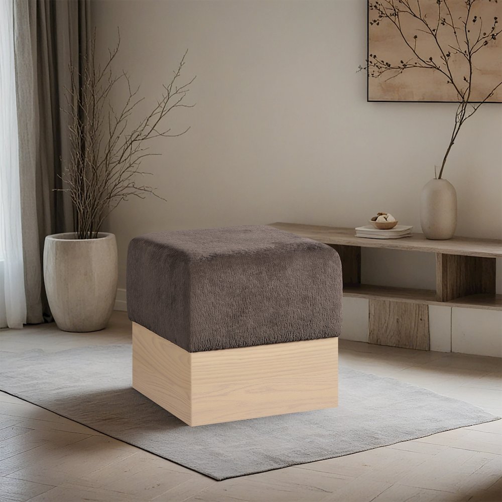 Havre Brown Velour Fur Fabric Ottoman/Stool. Picture 2