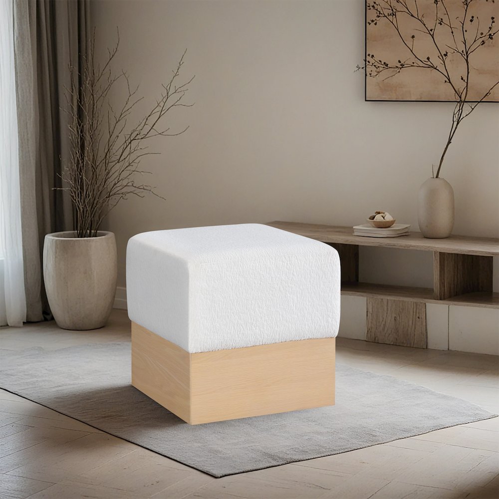 Havre Cream Velour Fur Fabric Ottoman/Stool. Picture 2
