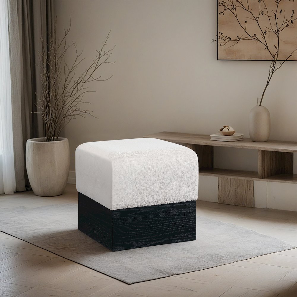 Havre Beige Velour Fur Fabric Ottoman/Stool. Picture 2