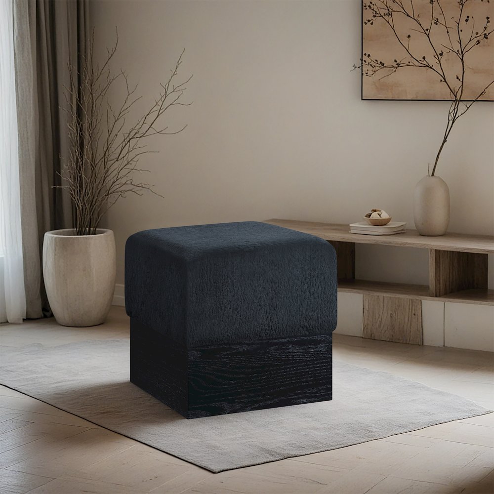 Havre Black Velour Fur Fabric Ottoman/Stool. Picture 2