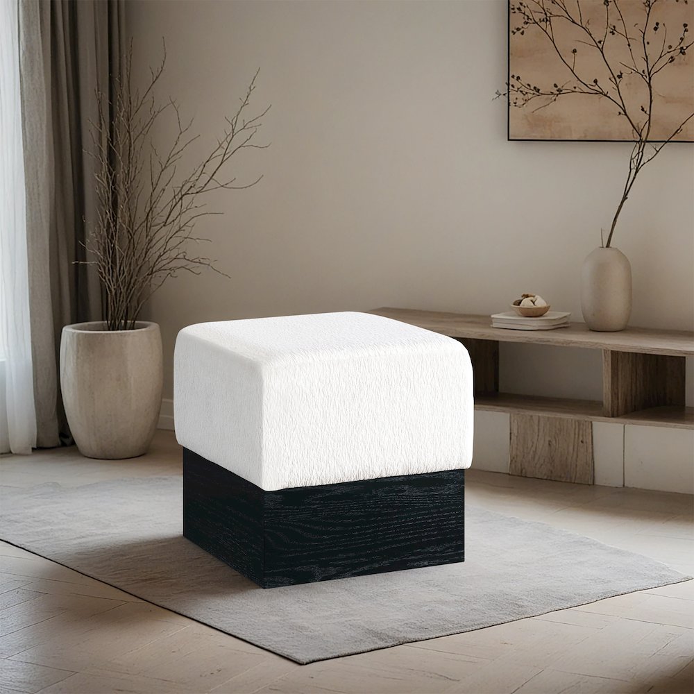Havre Cream Velour Fur Fabric Ottoman/Stool. Picture 2