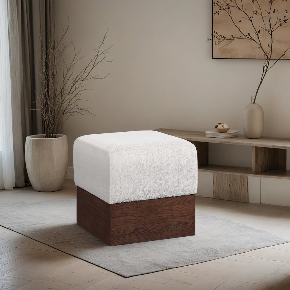 Havre Beige Velour Fur Fabric Ottoman/Stool. Picture 2