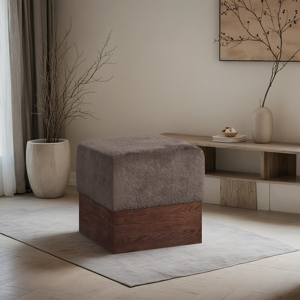 Havre Brown Velour Fur Fabric Ottoman/Stool. Picture 2
