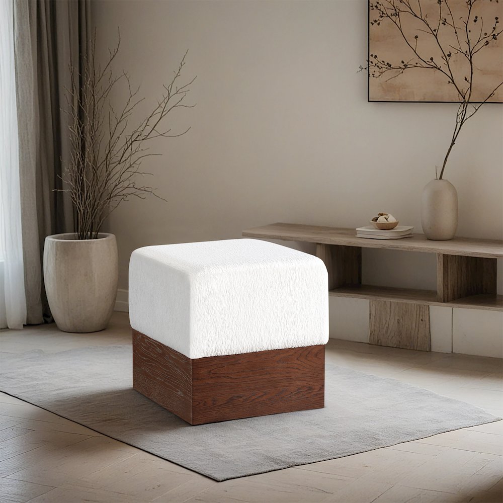 Havre Cream Velour Fur Fabric Ottoman/Stool. Picture 2