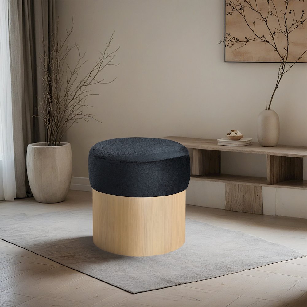 Nimes Black Velour Fur Fabric Ottoman/Stool. Picture 2