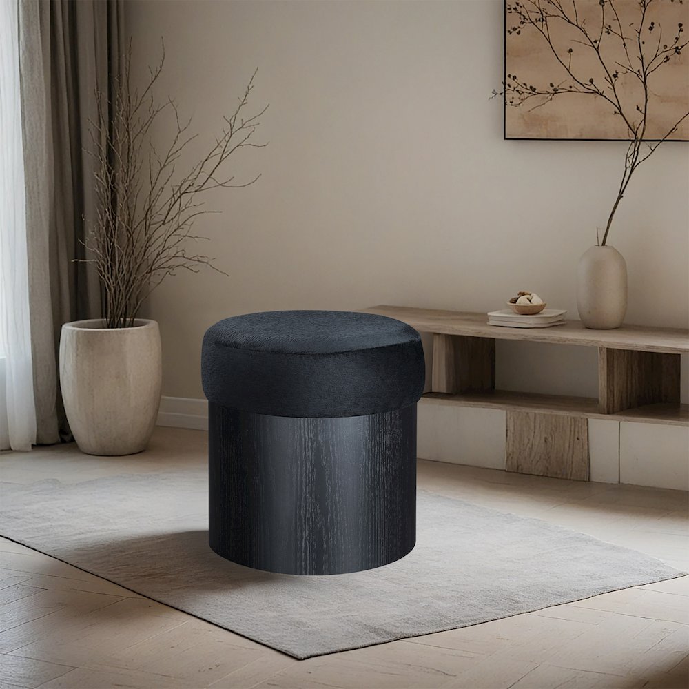 Nimes Black Velour Fur Fabric Ottoman/Stool. Picture 2