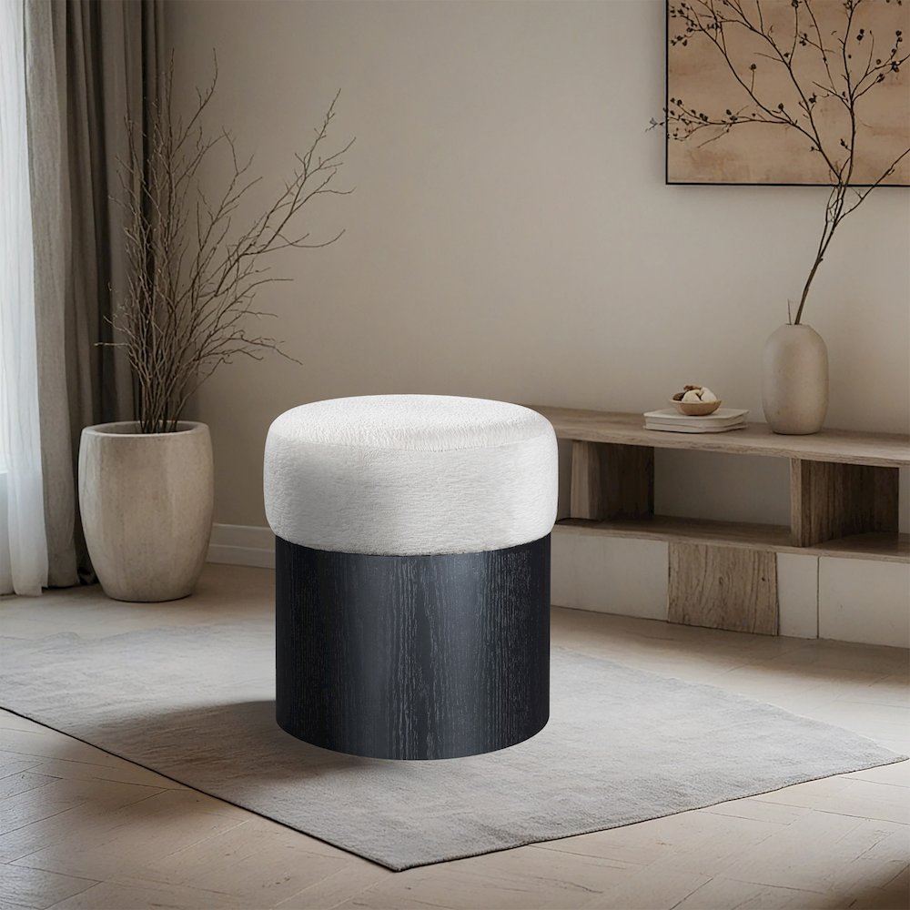 Nimes Cream Velour Fur Fabric Ottoman/Stool. Picture 2