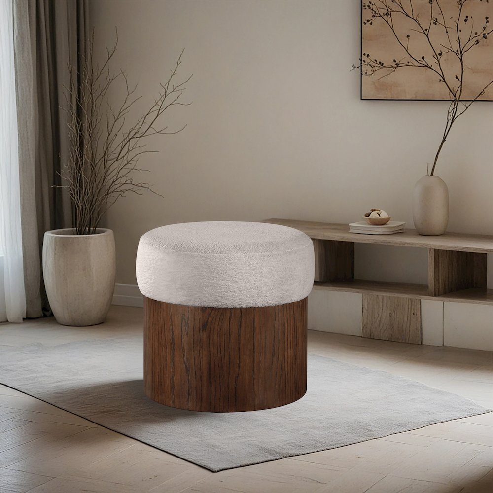 Nimes Beige Velour Fur Fabric Ottoman/Stool. Picture 2