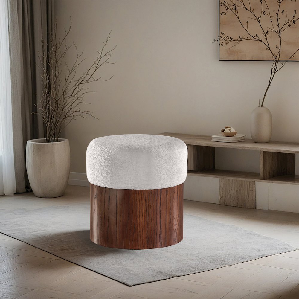 Nimes Cream Velour Fur Fabric Ottoman/Stool. Picture 2