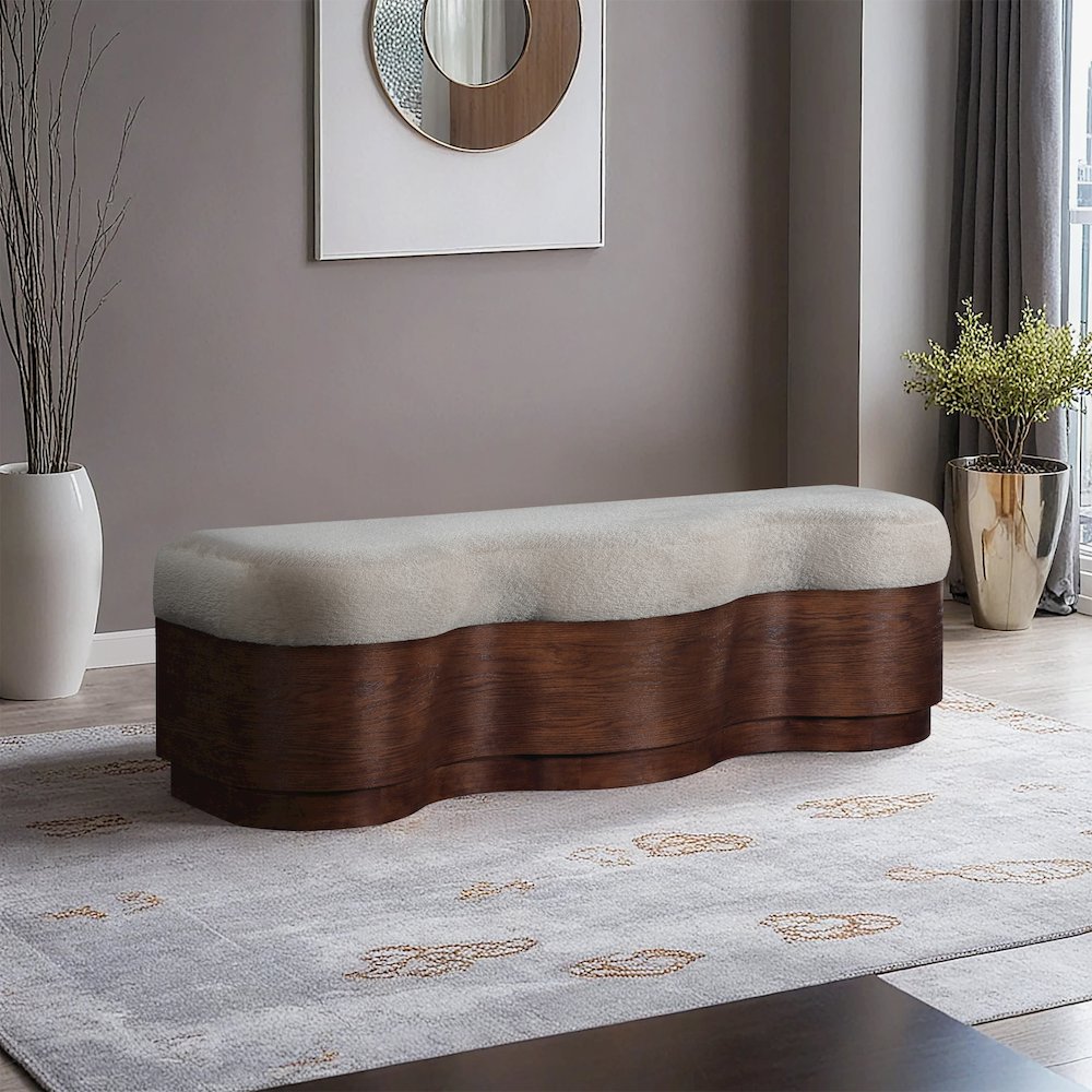 Savoy Beige Velour Fur Fabric Bench. Picture 2