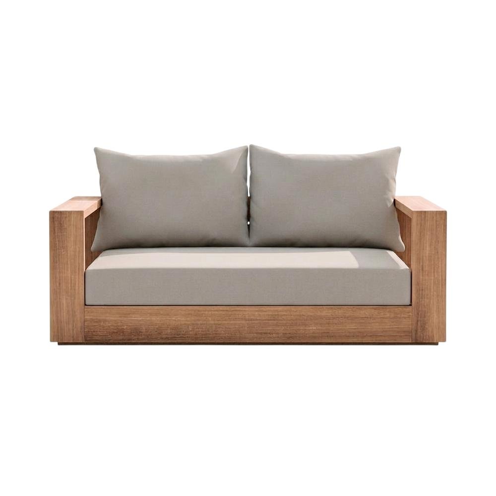 Gray Fabric Outdoor Loveseat With Cushioned Seating And Teak Finish. Picture 4