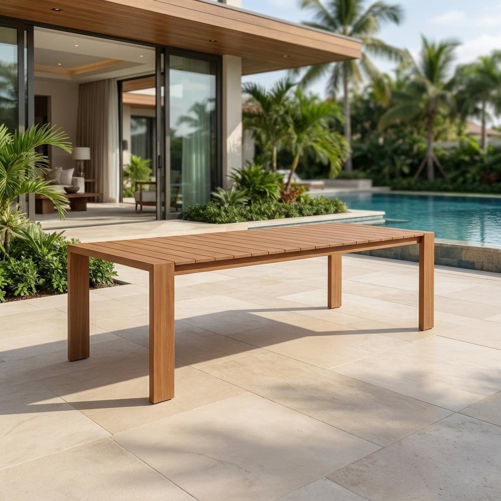 Outdoor Patio Dining Table With Aluminum Frame And Teak Finish, 108-Inch Wide. Picture 3