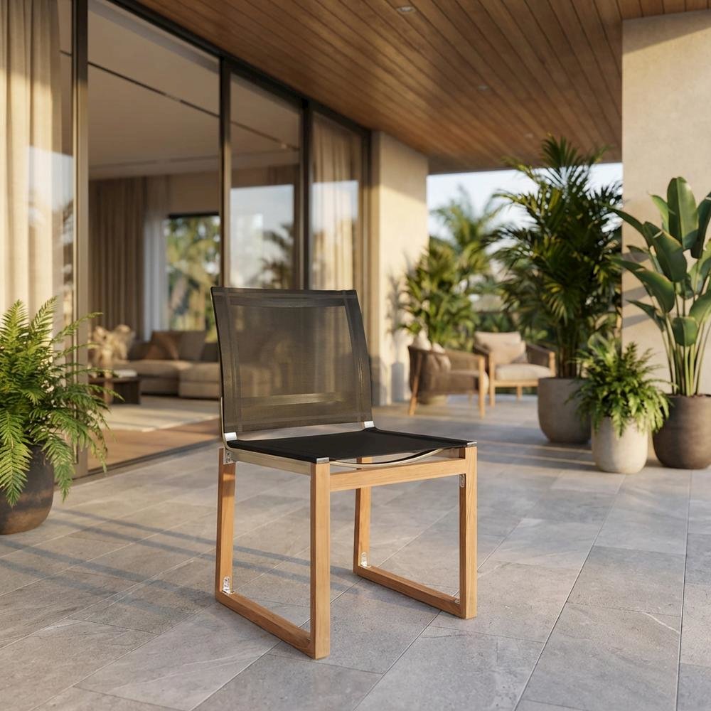 Contemporary Black Fabric Outdoor Patio Dining Side Chair With Teak Finish. Picture 2