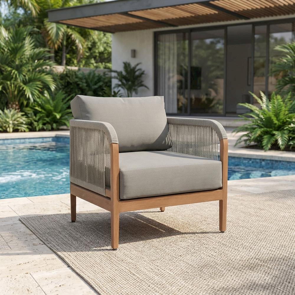 Gray Fabric Outdoor Patio Chair With Aluminum Frame And Teak Wood Look. Picture 3