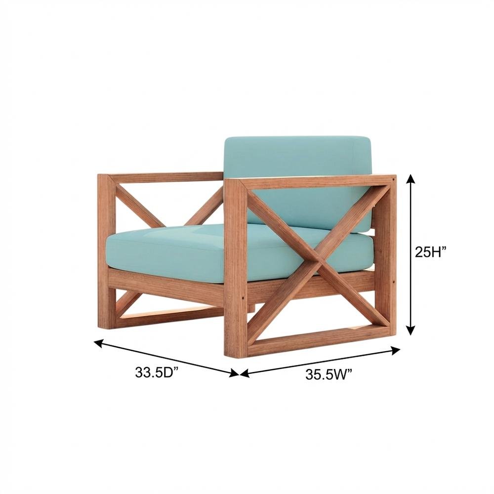 Blue Fabric Outdoor Chair With Cushioned Seat And Teak Finish. Picture 7