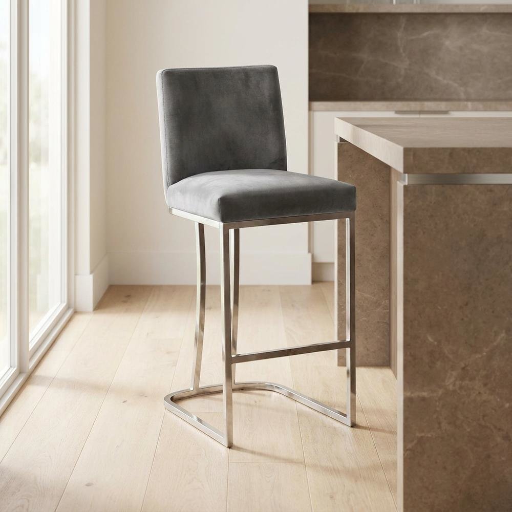 Velvet Contemporary Counter Stool, Chrome Legs, Grey Velvet. Picture 3