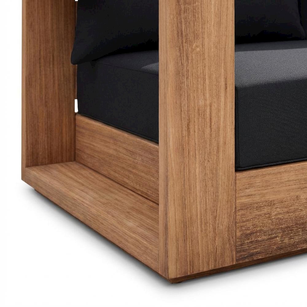 Contemporary Outdoor Loveseat In Black Fabric With Cushion And Light Teak Finish. Picture 6