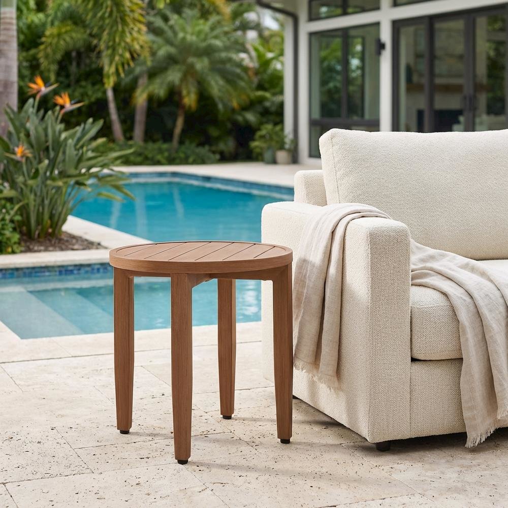 Aluminum Frame Outdoor End Table With Teak Wood Look Finish For Patio Use. Picture 3