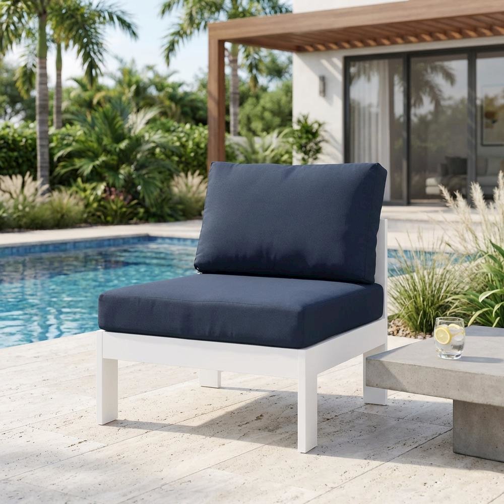 Navy Fabric Outdoor Armless Patio Chair, Aluminum Frame, Contemporary Style. Picture 3