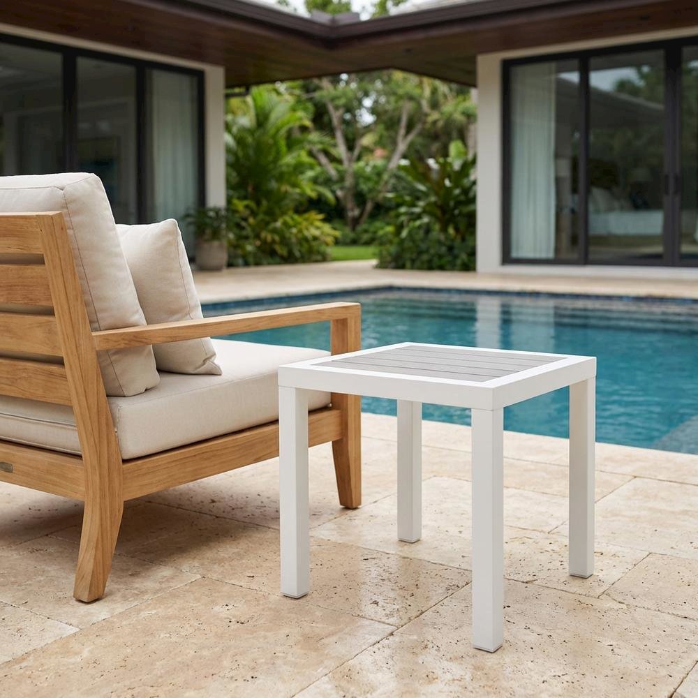 Gray Wood Look Outdoor Patio End Table With Aluminum Frame. Picture 3