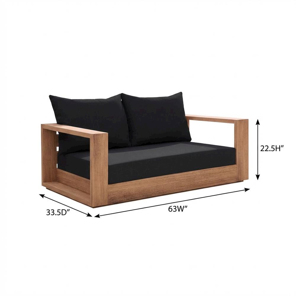 Contemporary Outdoor Loveseat In Black Fabric With Cushion And Light Teak Finish. Picture 7