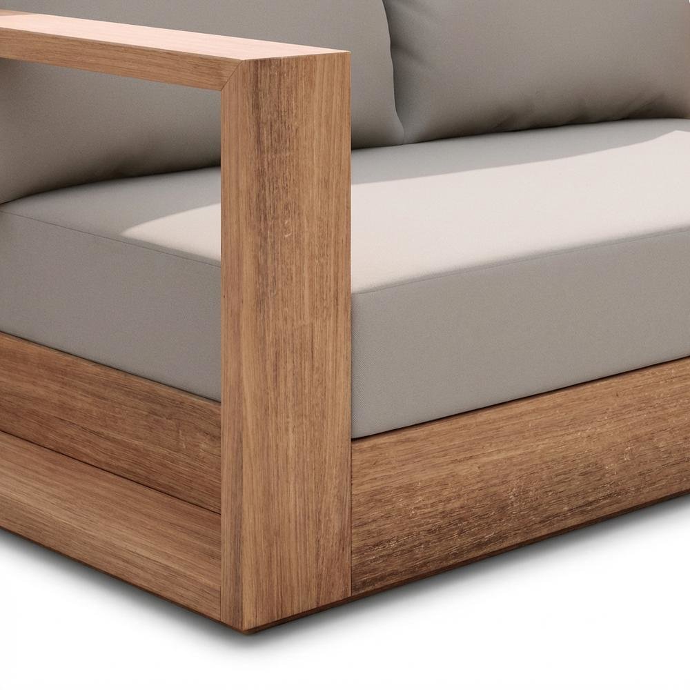 Gray Fabric Outdoor Loveseat With Cushioned Seating And Teak Finish. Picture 6