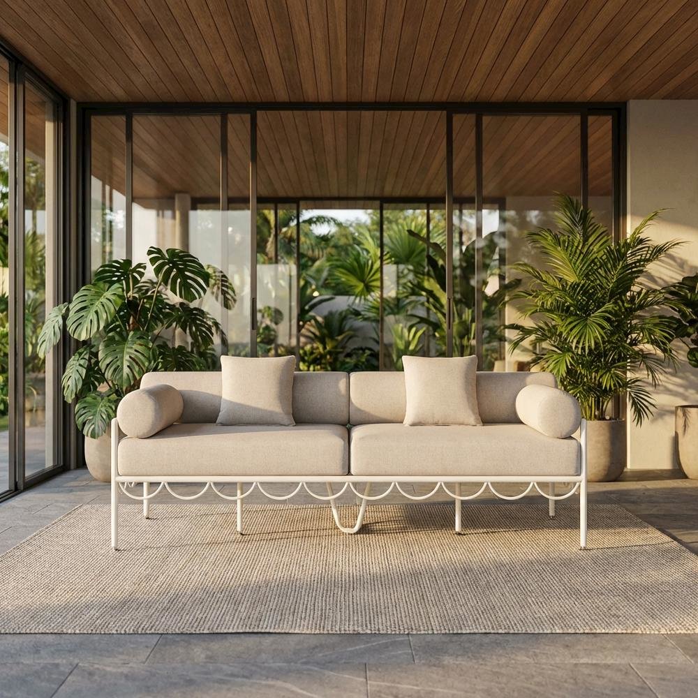 Beige Water Repellent Outdoor Sofa with Cushions and Stylish Art Deco Design. Picture 2