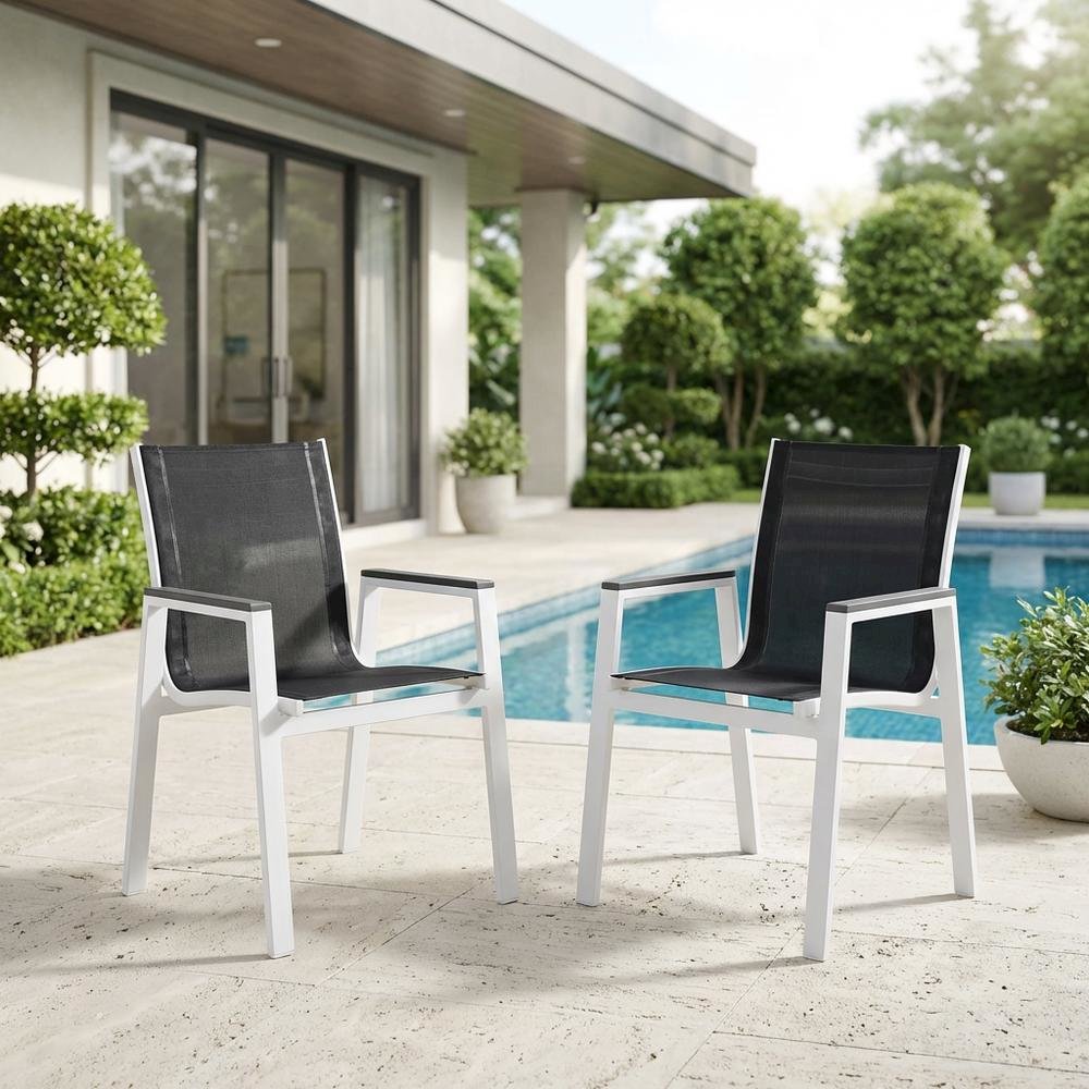 White Fabric Outdoor Patio Dining Arm Chair Set Of 2 With Contemporary Style. Picture 3